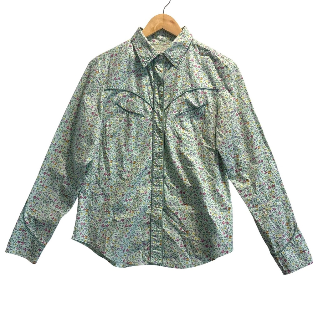 Crazy Cowgirl Womens M Western Snap Shirt Mint Green Floral Cotton Long Sleeve